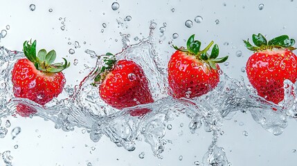 Poster -   Three strawberries float on water with a splash