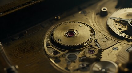 Close-up of intricate clockwork gears and mechanisms, showcasing the complex inner workings of a timepiece.