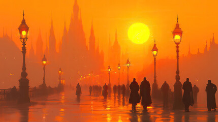 People stroll along a misty street as the sun sets, casting a golden glow over the historic architecture in the background