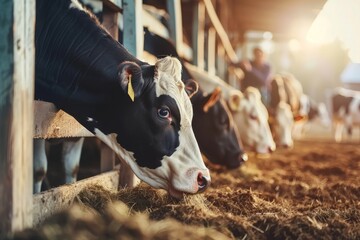 Dairy cows feeding on fodder standing in row of stables in cattle farm barn. Farming business and taking care of livestock. AI generative