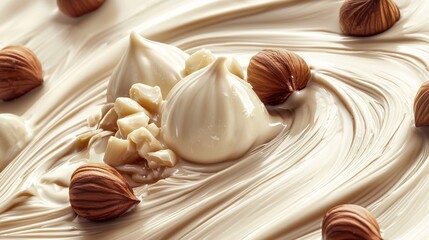 Poster -   A close-up of a cake with nuts on top and drizzled icing