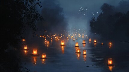 Sticker - A misty river with glowing lanterns floating on the water.