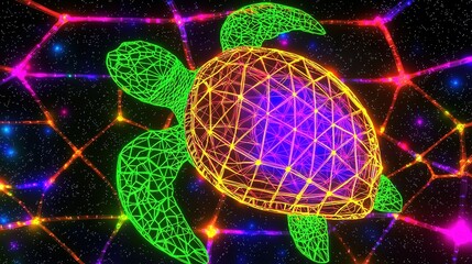 Poster -   image featuring a Neon Turtle amidst a cosmic pattern on an obsidian backdrop