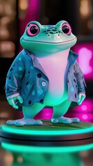 Canvas Print - Smiling Frog in a Blue Jacket with Neon Lights