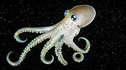 Poster -   Octopus on black background with star-filled sky and stars in foreground