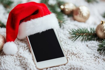 Wall Mural - Smartphone with red santa hat on fluffy white background with christmas ornaments.