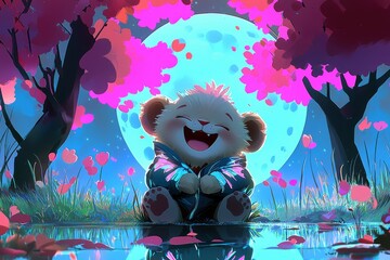 Sticker - Cute Lion Cub Laughing Under Moonlight