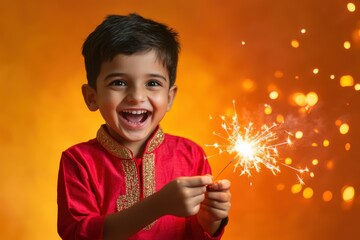 Portrait of a young Indian boy in a vibrant red kurta, excitedly lighting a sparkler, with a red to orange gradient glowing backdrop, Indian traditional Diwali festival, Diwali photoshoot, copy space