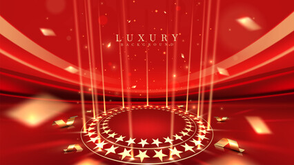 Canvas Print - Luxury red stage with spotlight beams and golden stars. Empty space ideal for award ceremony backdrop or product banner design concept. Vector illustration.