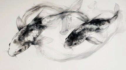 Poster -   A pair of black-and-white koi fish gracefully glide through the water's surface together