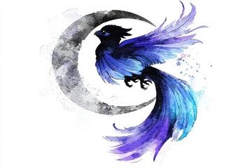 Poster - Watercolor Illustration of a Blue Bird Flying Around a Crescent Moon