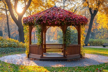 Wall Mural - Wooden Gazebo Covered in Autumn Foliage in a Park