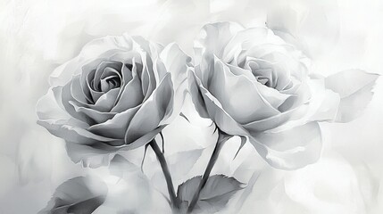 Poster -   A black and white image of two roses on a white background, with another black and white image of the same on a white background