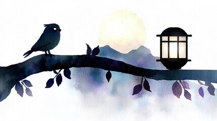 Poster - Silhouettes of a Bird and Lantern on a Branch