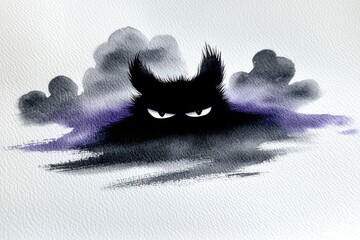 Sticker - Watercolor Illustration of a Creepy Monster Hiding in the Clouds