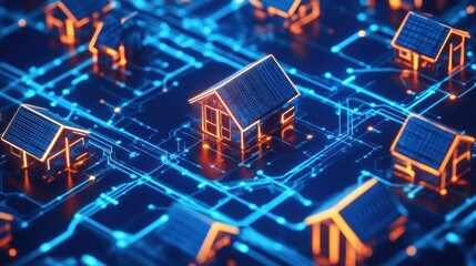 Wall Mural - A 3D Rendering of Houses Connected by Glowing Blue Lines on a Dark Background