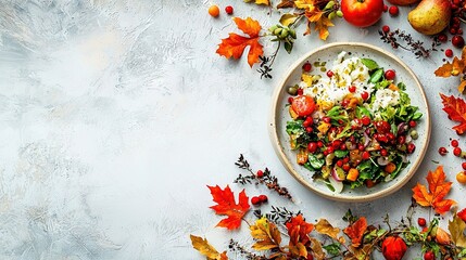 Canvas Print -   A salad in a bowl, encircled by fall foliage and adorned with pomegranates, rests atop a pure white background