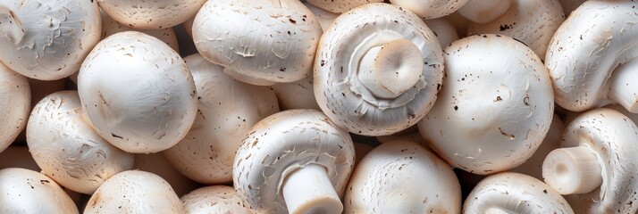 Fresh white mushrooms arranged closely on a wooden surface in a kitchen setting during daylight hours