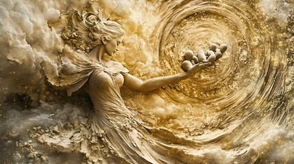 Wall Mural - A golden statue of a woman holding an orb in her hand, surrounded by clouds and a golden swirl.