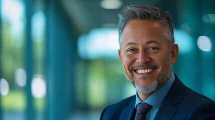 A portrait of a middle-aged business man smiling, wearing a dark blue suit and tie standing in front of a blurry office background with copy space