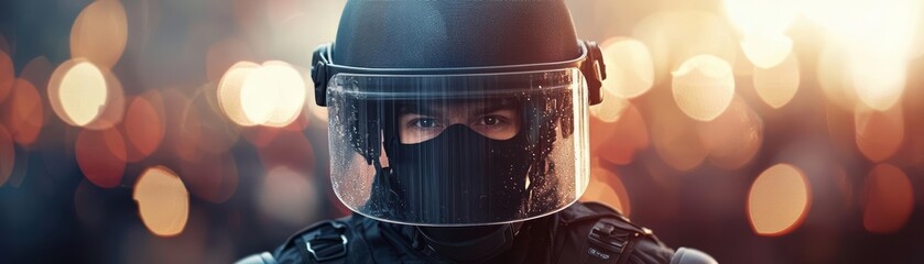 A close-up of a police officer wearing a helmet and face shield, with a blurred crowd background.