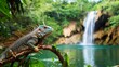 © Yzid ART - A lizard is perched on a branch above a waterfall