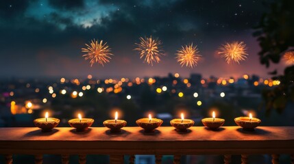 Decorative earthen diyas lining the balcony railing of a traditional Indian home, with a distant view of fireworks and a starry sky in the background. Copy space, Indian traditional festival happy 