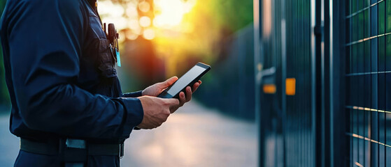 a security guard checking a mobile phone outside a facility during sunset.