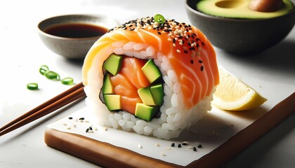 Sticker - Sushi roll with salmon, avocado, and rice, topped with sesame seeds.