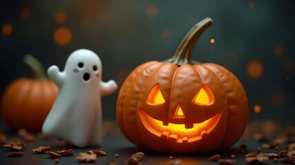 Close up of ghost and pumpkin, concept for halloween day celebration