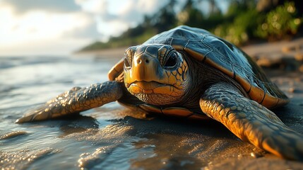 Wall Mural - A hawksbill turtle crawling on the sandy beach during daylight hours