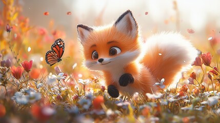 Canvas Print -   Cute fox in flower field with butterfly on back and looking at camera