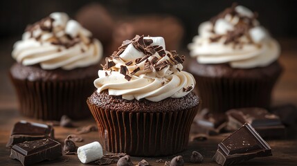 close-up of chocolate cupcakes with melting marshmallow frosting and dark chocolate shavings, creati