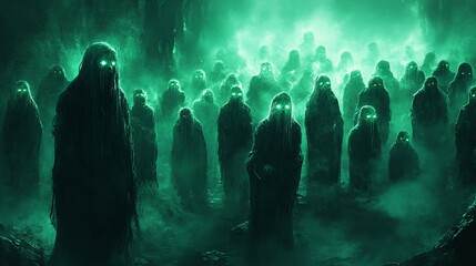 A horde of shadowy figures with glowing eyes stand in a dark, foggy forest.