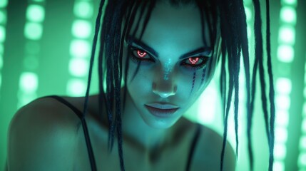 Sticker - A woman with dreadlocks and glowing eyes in a dark room, AI