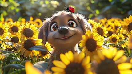 Sticker -   A sunflower-surrounded dog with a ladybug on its head