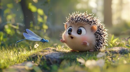 Canvas Print -   A hedgehog with a blue dragonfly flies past it on the ground in front of a leafy green forest