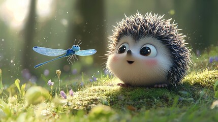 Poster -   A hedgehog rests in lush green grass with a majestic blue dragon overhead, surrounded by vibrant purple blossoms