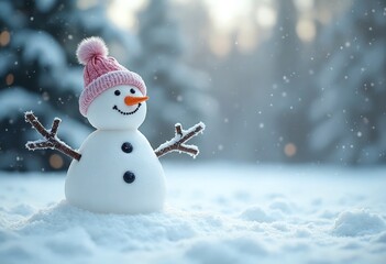 Poster - Cheerful snowman in winter landscape, festive