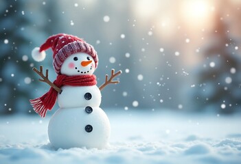 Sticker - Cheerful snowman in winter landscape, festive