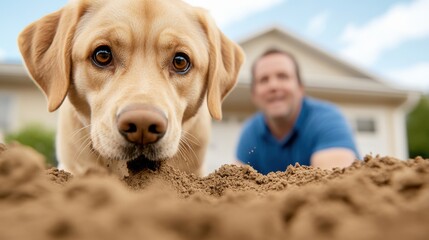 Canvas Print - A dog digging in the dirt with a man behind him, AI