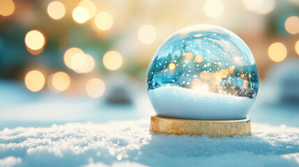 A beautiful snow globe with sparkling snow and warm lights in a festive winter setting