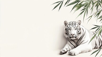 Canvas Print -   A white tiger lies on the ground beside a bamboo tree and a white wall with a plant behind it