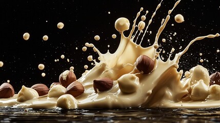 Sticker -   A cluster of nuts diving into a pool of milk against a dark background