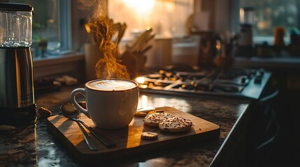 Poster -   A cup of coffee resting atop a wooden cutting board beside a coffee mug perched atop a countertop