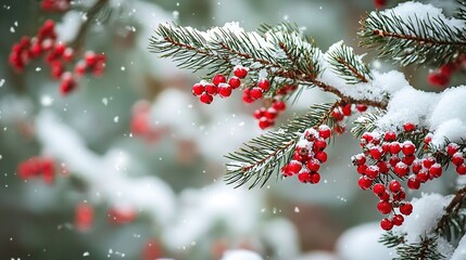 Poster -   Branch of tree covered in snow, adorned with red berries and snowflakes