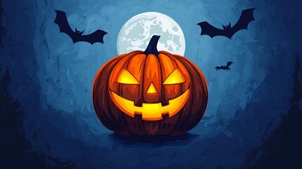 A glowing jack-o'-lantern stands against a night sky, accompanied by bats and a full moon, embodying the Halloween spirit.