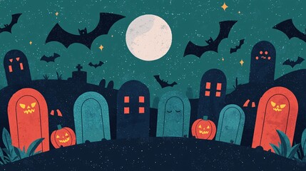 A whimsical Halloween scene featuring colorful tombstones, bats flying, pumpkins, and a bright moon against a dark sky.