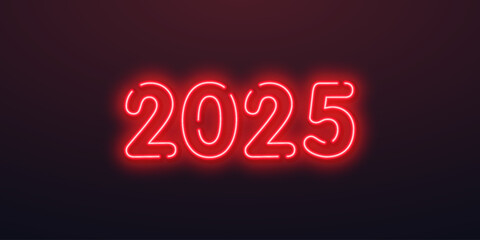 Neon red Abstract template of a digital web banner Happy New Year 2025 in a futuristic glowing style on a dark background.