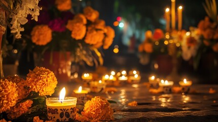 Traditional day of the dead decorations with candles, flowers, altar, skull. Dia de los muertos. Generative AI